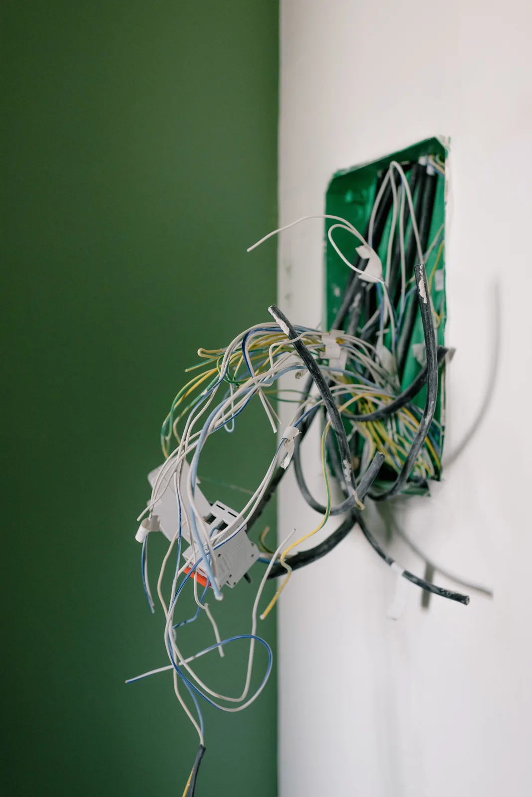 Old wiring spilling out of a junction box, for electrician in Calgary