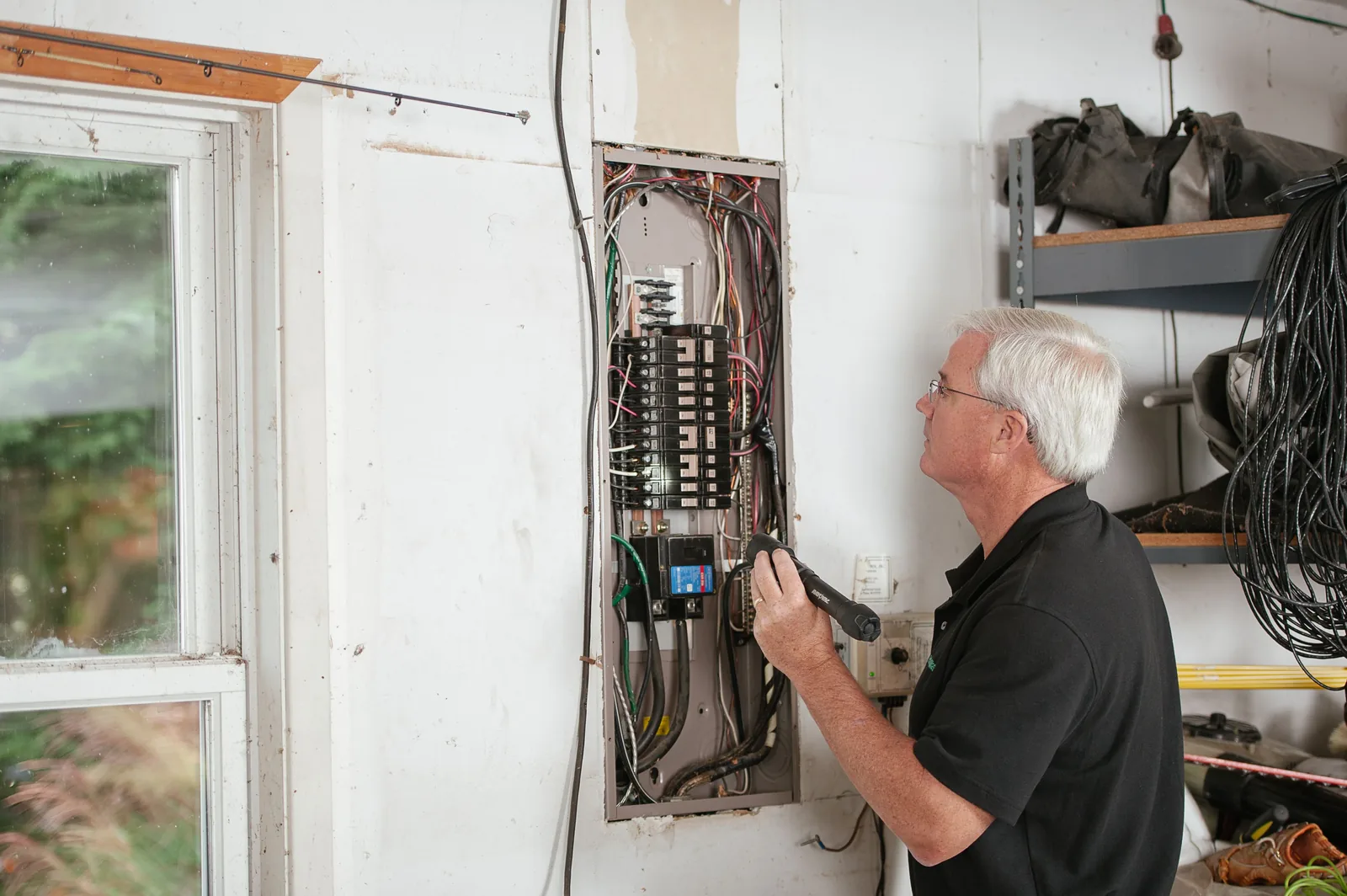 An electrician checking an open residential panel by torchlight, for licensed electrician in Calgary